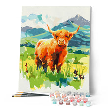 Afbeelding in Gallery-weergave laden, Schilderen op Nummer - Schotse Hooglander in de pastelvallei