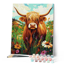Afbeelding in Gallery-weergave laden, Schilderen op Nummer - Portret van een Schotse Hooglander met wilde bloemen