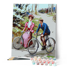 Afbeelding in Gallery-weergave laden, Schilderen op Nummer - Vintage schilderij van een fietsend stel