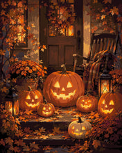 Afbeelding in Gallery-weergave laden, Schilderen op Nummer - Verlichte Halloween-pompoen op de veranda