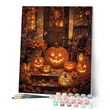 Afbeelding in Gallery-weergave laden, Schilderen op Nummer - Verlichte Halloween-pompoen op de veranda