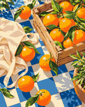 Afbeelding in Gallery-weergave laden, Schilderen op Nummer - Sinaasappels op blauw geruite stof