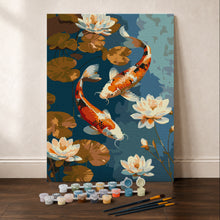 Afbeelding in Gallery-weergave laden, Cadeauset Schilderen op Nummers - Vintage Koi Karper en Bloemen