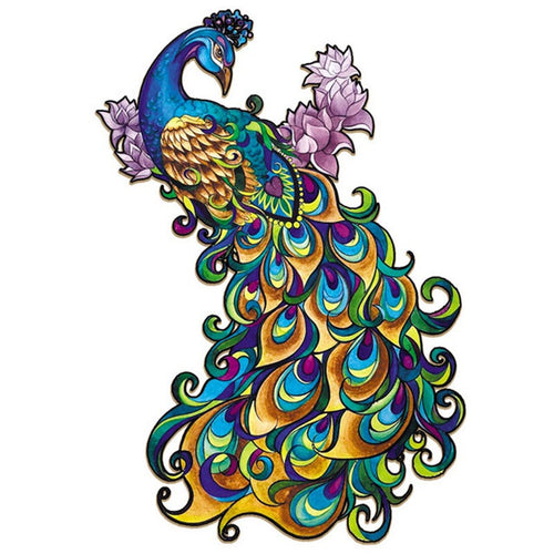 Houten Puzzel - Blauwe en gele pauw