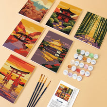 Afbeelding in Gallery-weergave laden, Mini Schilderen op Nummer 15x20cm (6 stuks) - Zonsondergang in Japan