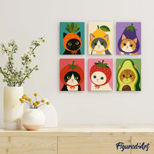 Afbeelding in Gallery-weergave laden, Mini Serie Schilderen op Nummer 15x20cm (6 stuks) - Katten met Fruit- en Groentenmutsen