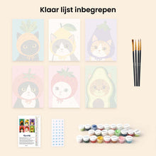 Afbeelding in Gallery-weergave laden, Mini Serie Schilderen op Nummer 15x20cm (6 stuks) - Katten met Fruit- en Groentenmutsen