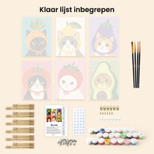 Afbeelding in Gallery-weergave laden, Mini Serie Schilderen op Nummer 15x20cm (6 stuks) - Katten met Fruit- en Groentenmutsen