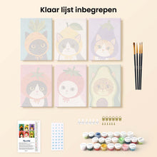 Afbeelding in Gallery-weergave laden, Mini Serie Schilderen op Nummer 15x20cm (6 stuks) - Katten met Fruit- en Groentenmutsen