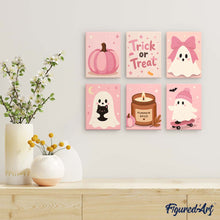 Afbeelding in Gallery-weergave laden, Mini Serie Schilderen op Nummer 15x20cm (6 stuks) - Schattig Roze Halloween