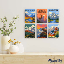 Afbeelding in Gallery-weergave laden, Mini Serie Schilderen op Nummer 15x20cm (6 stuks) - Nationale Parken - Alaska en Noordelijke Rocky Mountains