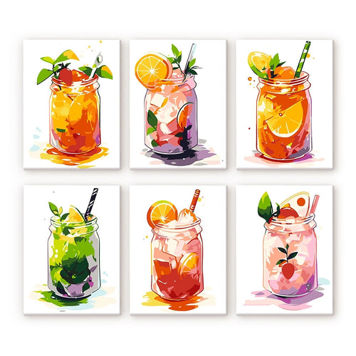 Schilderen op nummer – Set van 6 doeken | Fruitige Mason Jar Dranken