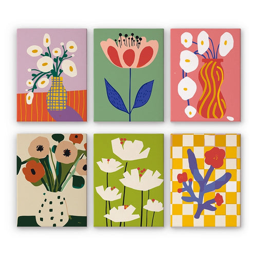 Schilderen op nummer – Set van 6 doeken | Abstracte Bloemenvazen