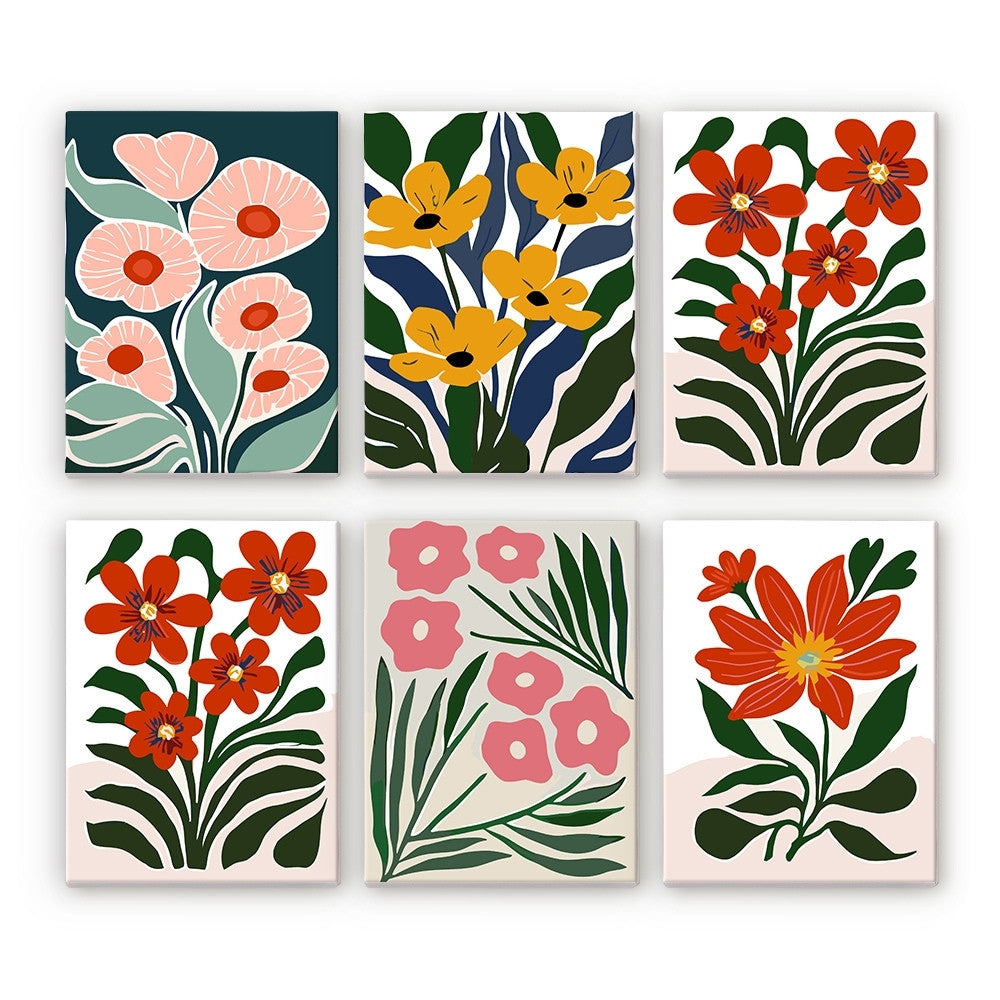 Schilderen op nummer – Set van 6 doeken | Kleurrijke Bloem Patronen