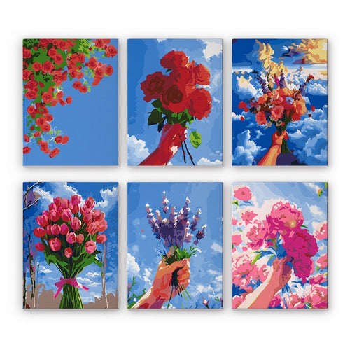 Schilderen op nummer – Set van 6 doeken | Bloemenboeketten in de Lucht