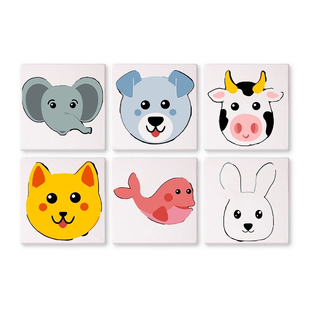 Schilderen op nummer – Set van 6 doeken | Schattige Dierengezichten