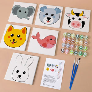 Schilderen op nummer – Set van 6 doeken | Schattige Dierengezichten