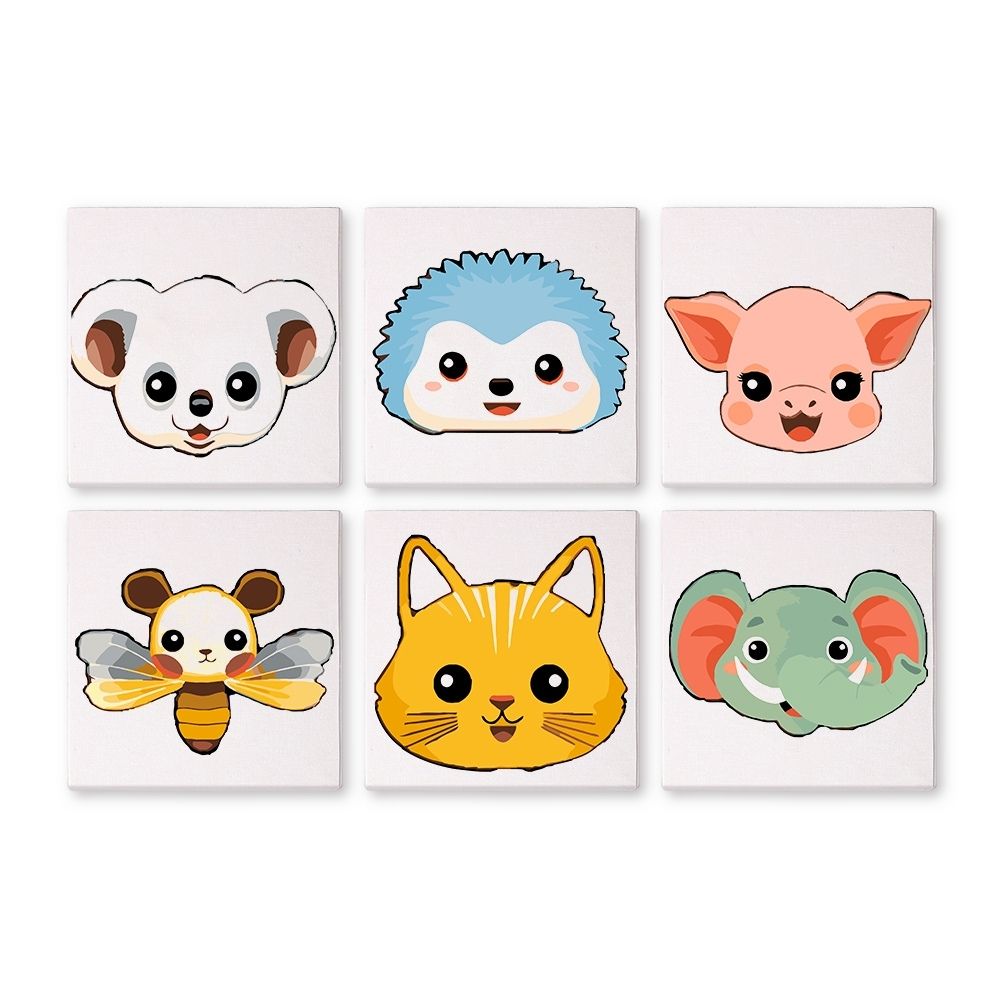 Schilderen op nummer – Set van 6 doeken | Schattige Dierengezichten 2