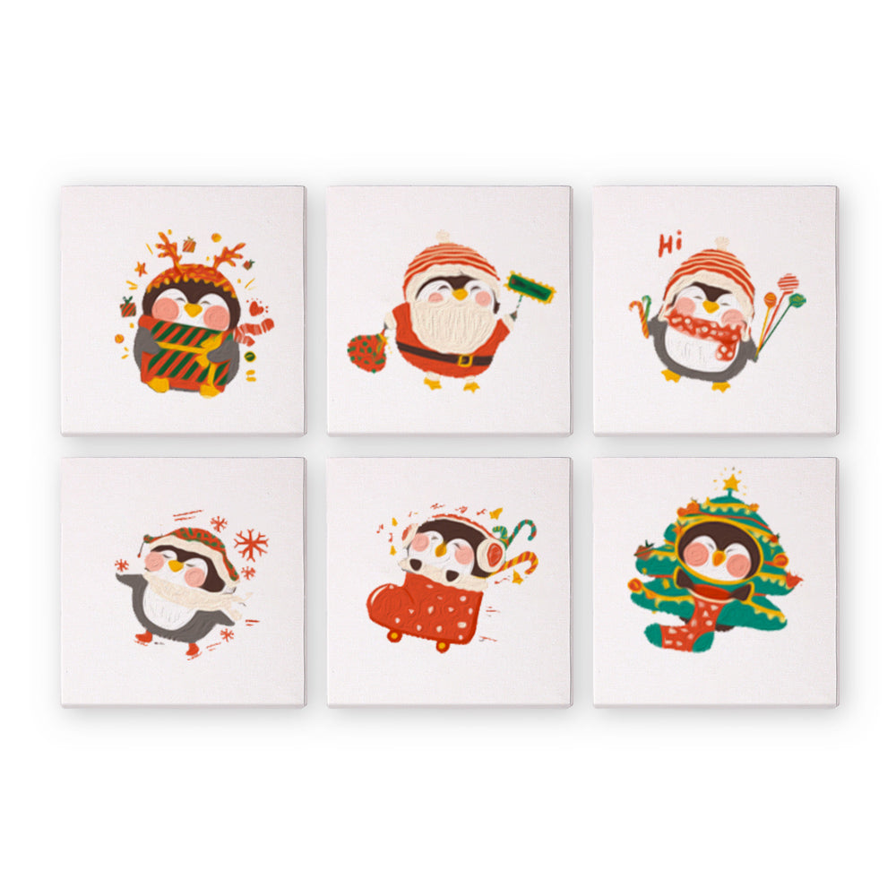 Mini Schilderen op Nummer 15x15cm (6 stuks) - Winter Kerst Pinguïn