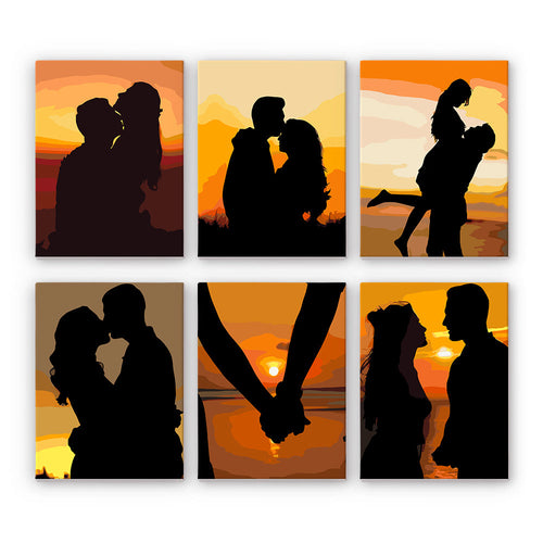 Mini Schilderen op Nummer 15x20cm (6 stuks) - Romantische Zonsondergang Silhouetten
