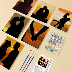 Mini Schilderen op Nummer 15x20cm (6 stuks) - Romantische Zonsondergang Silhouetten