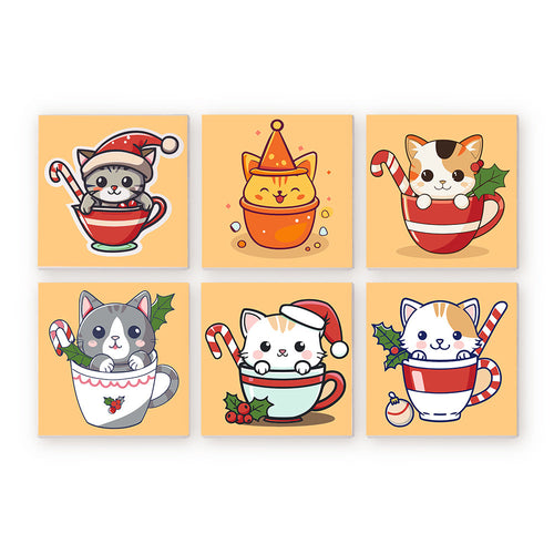 Mini Schilderen op Nummer 20x20cm (6 stuks) - Kerstkatten in Bekers