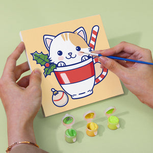 Mini Schilderen op Nummer 20x20cm (6 stuks) - Kerstkatten in Bekers