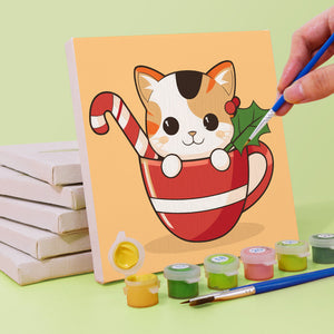 Mini Schilderen op Nummer 20x20cm (6 stuks) - Kerstkatten in Bekers