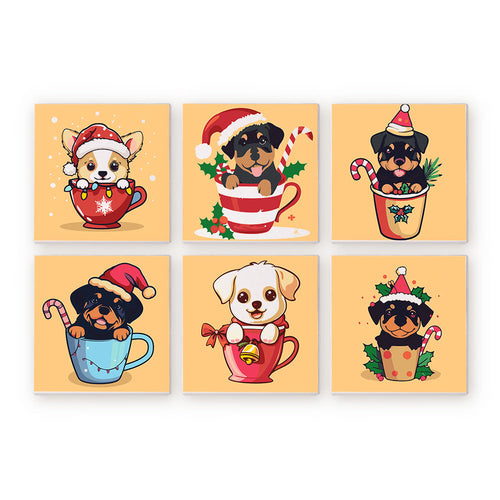 Mini Schilderen op Nummer 20x20cm (6 stuks) - Kersthonden in Bekers