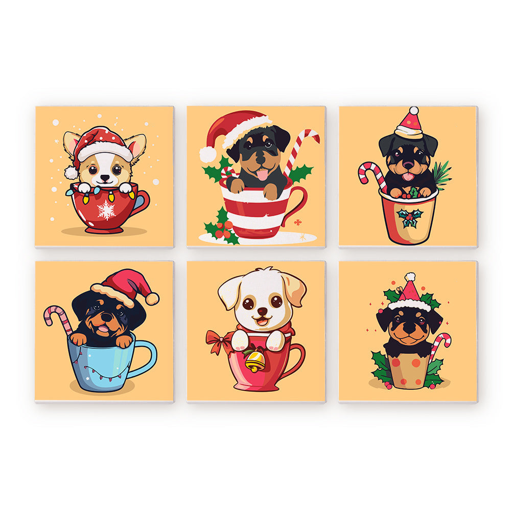Mini Schilderen op Nummer 20x20cm (6 stuks) - Kersthonden in Bekers