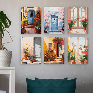 Mini Schilderen op Nummer 15x20cm (6 stuks) - Europese Architectuur en Bloemen