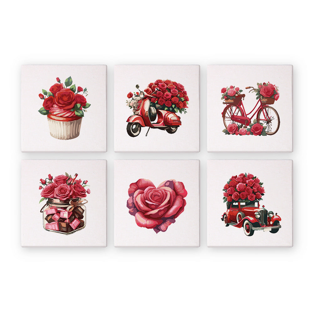 Mini Schilderen op Nummer 15x15cm (6 stuks) - Serie Rode Roos Valentijn 1