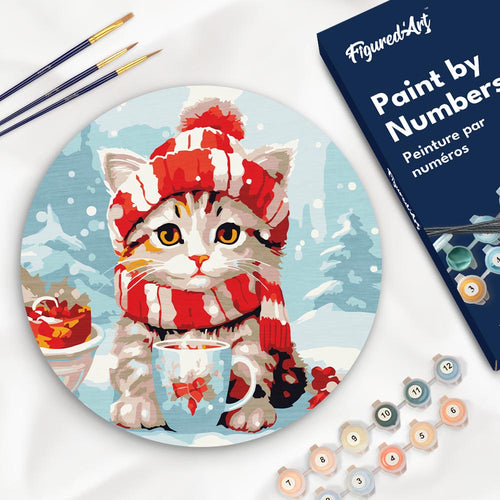 Schilderen op Nummer op Houten Schijf - Schattige Kat met Rode Sjaal