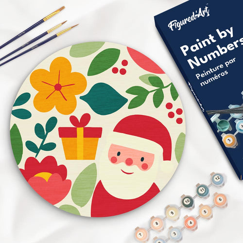 Schilderen op Nummer op Houten Schijf - Kerstman en bloemen