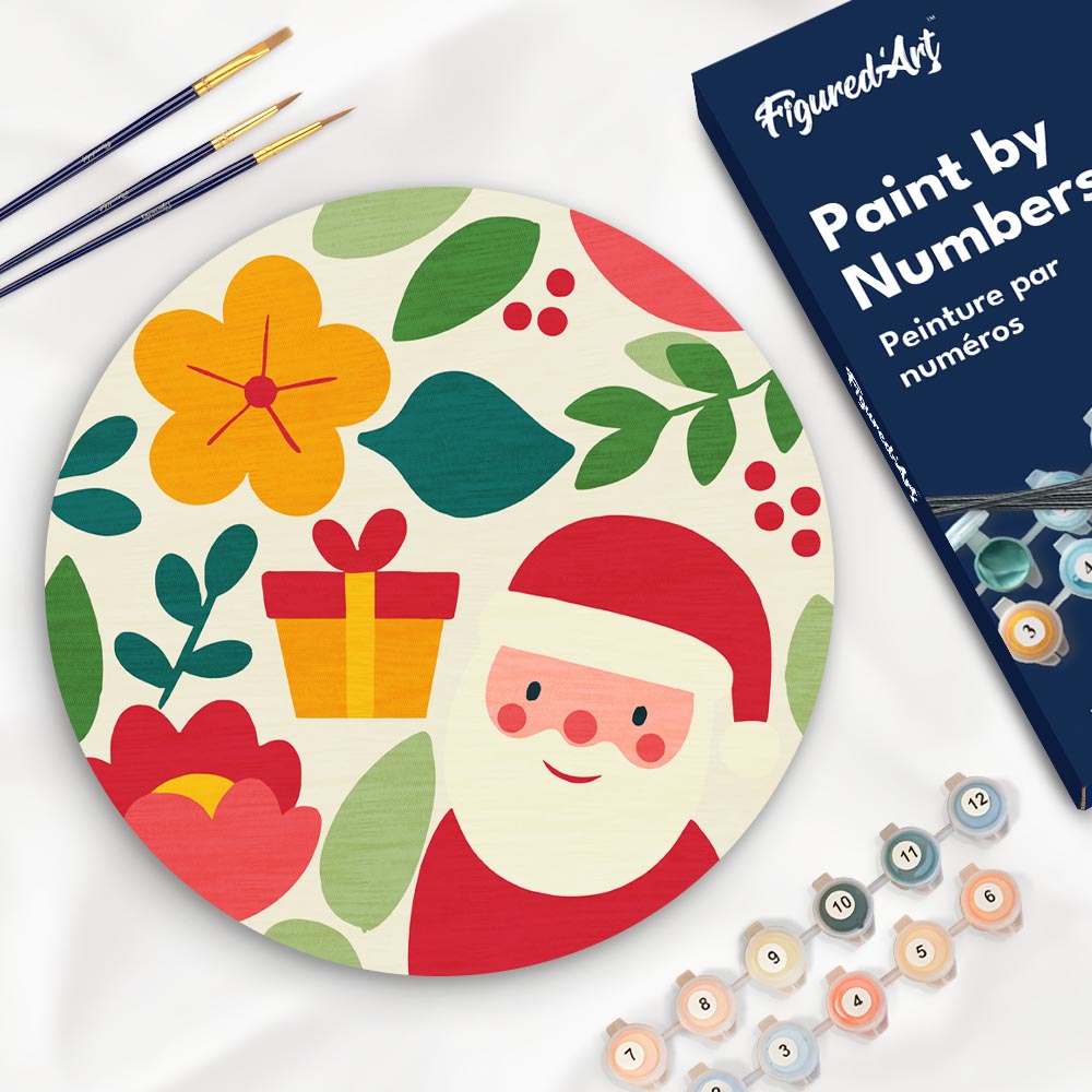 Schilderen op Nummer op Houten Schijf - Kerstman en bloemen