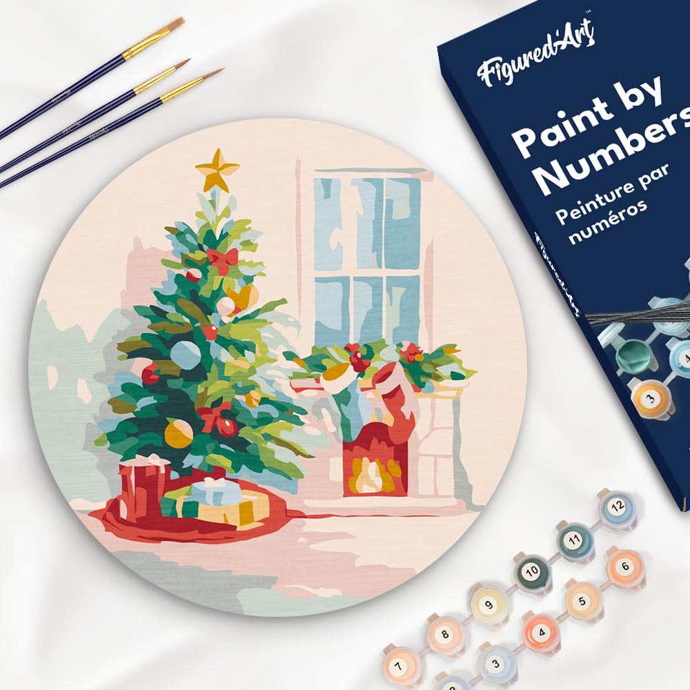 Schilderen op Nummer op Houten Schijf - Kerstboom en open haard