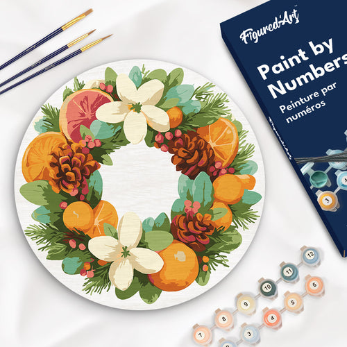 Schilderen op Nummer op Houten Schijf - Krans van dennen en citrus