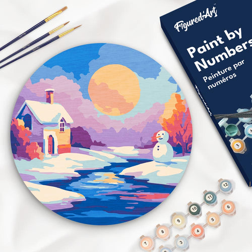 Schilderen op Nummer op Houten Schijf - Wintertafereel bij zonsondergang