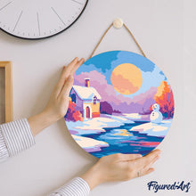 Afbeelding in Gallery-weergave laden, Schilderen op Nummer op Houten Schijf - Wintertafereel bij zonsondergang