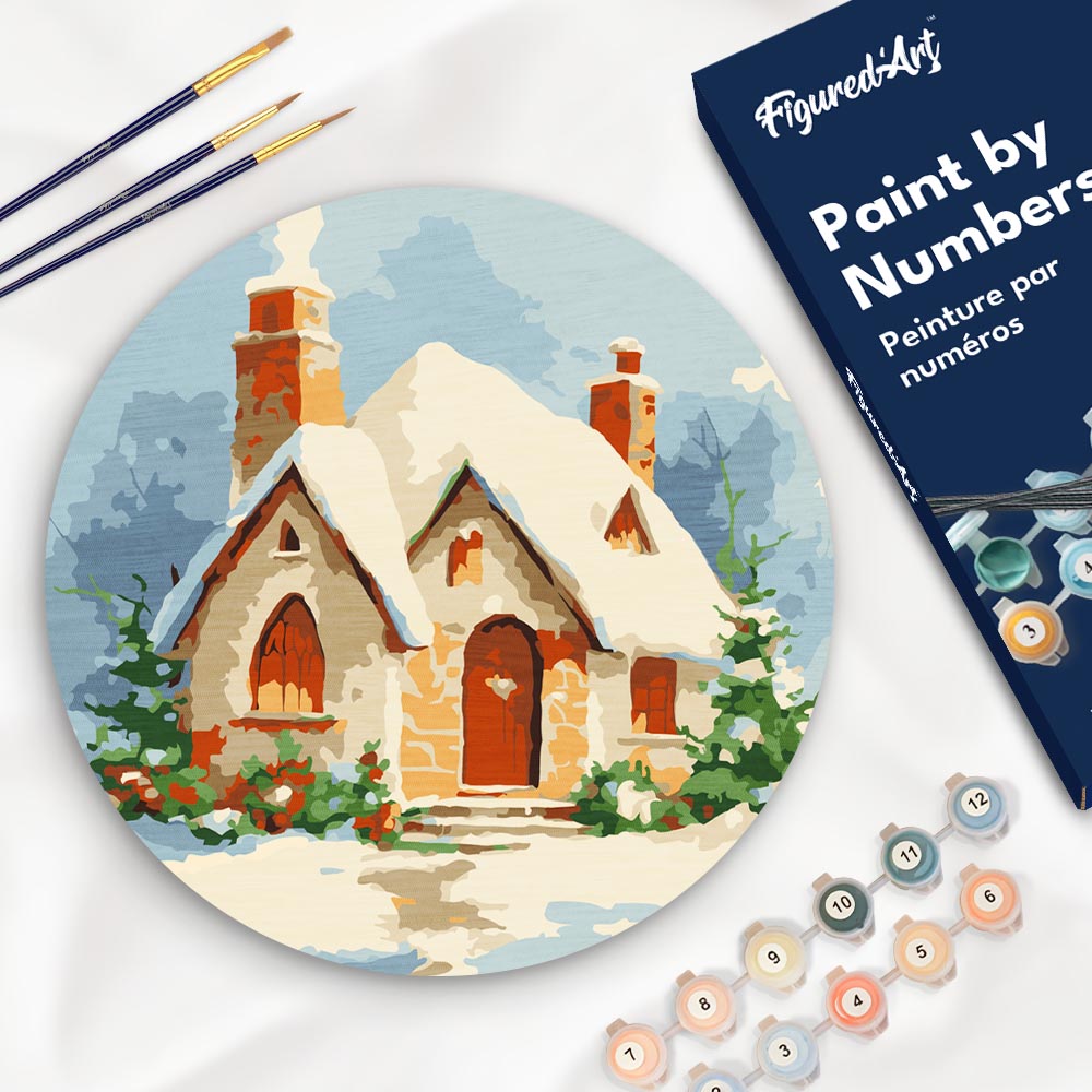 Schilderen op Nummer op Houten Schijf - Bakstenen huis in de winter