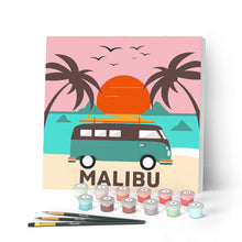 Afbeelding in Gallery-weergave laden, Mini Peinture par Numéros petit format 20x20cm avec cadre Plage Malibu