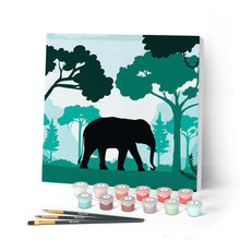 Afbeelding in Gallery-weergave laden, Mini Peinture par Numéros petit format 20x20cm avec cadre Eléphant dans la forêt verte