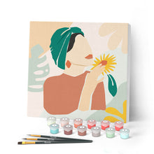 Afbeelding in Gallery-weergave laden, Mini Peinture par Numéros petit format 20x20cm avec cadre Femme au Turban vert