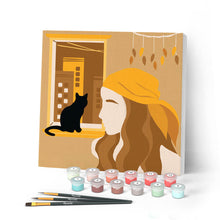 Afbeelding in Gallery-weergave laden, Mini Peinture par Numéros petit format 20x20cm avec cadre Femme et son Chat à la Fenêtre