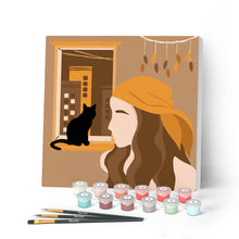 Afbeelding in Gallery-weergave laden, Mini Peinture par Numéros petit format 20x20cm avec cadre Femme et son Chat à la Fenêtre