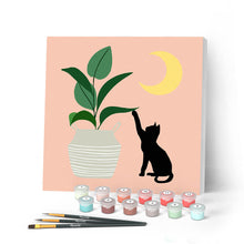 Afbeelding in Gallery-weergave laden, Mini Peinture par Numéros petit format 20x20cm avec cadre Chaton et Plante au clair de Lune