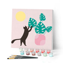 Afbeelding in Gallery-weergave laden, Mini Peinture par Numéros petit format 20x20cm avec cadre Chaton et plante au Soleil