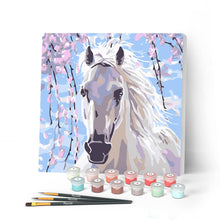 Afbeelding in Gallery-weergave laden, Mini Peinture par Numéros petit format 20x20cm avec cadre Cheval et Fleurs blanches