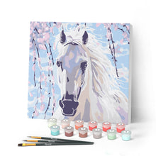 Afbeelding in Gallery-weergave laden, Mini Peinture par Numéros petit format 20x20cm avec cadre Cheval et Fleurs blanches