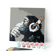 Afbeelding in Gallery-weergave laden, Mini Peinture par Numéros petit format 20x20cm avec cadre Singe casque audio